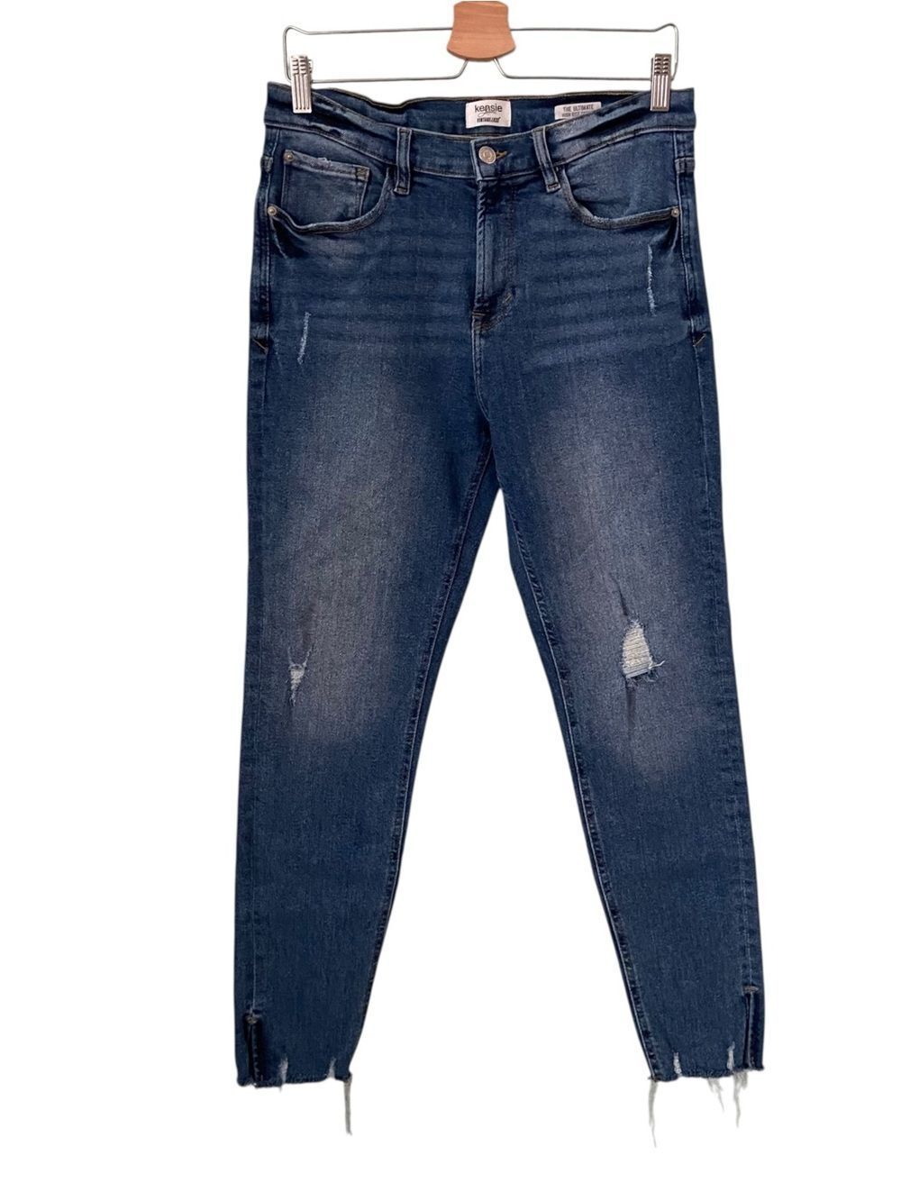 Kensie Dark Wash Blue Skinny Jeans with Distressed Knees in Size 10/30